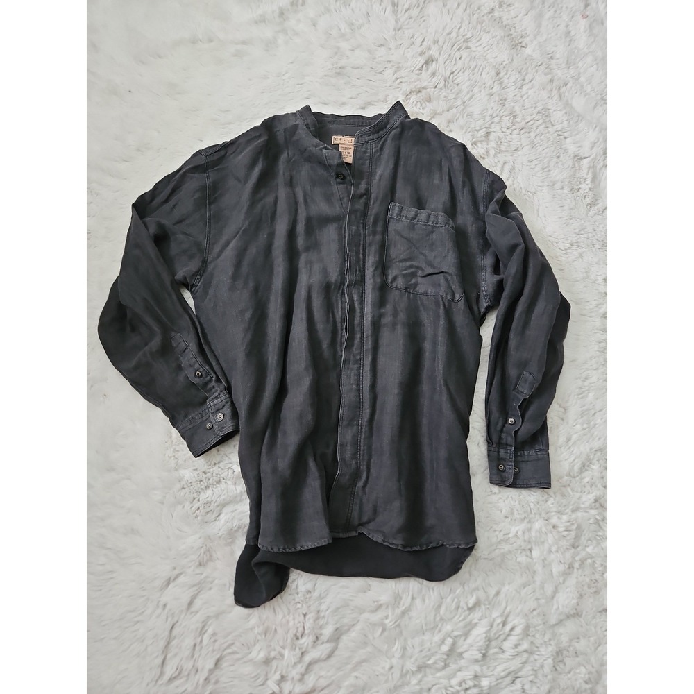 Vtg 90s Cellini Linea Uomo Gray Linen Blend Banded Collar Shirt Men's L